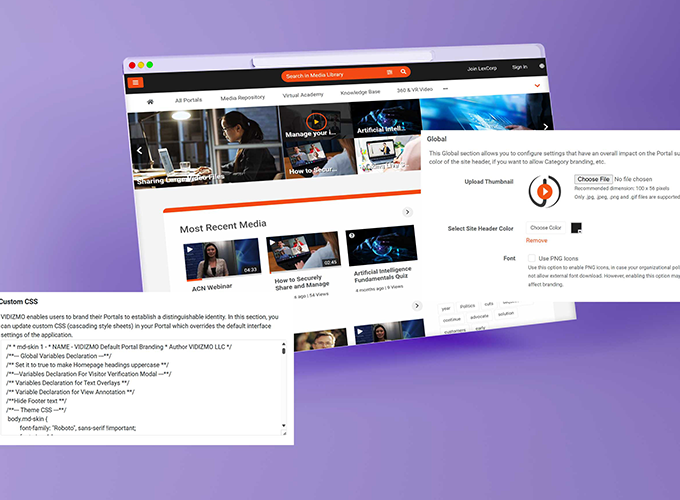VIDIMZO EVCM homepage, with branding, and custom CSS