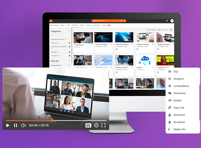 EnterpriseTube's video library next to modals of a video player and settings context menu.